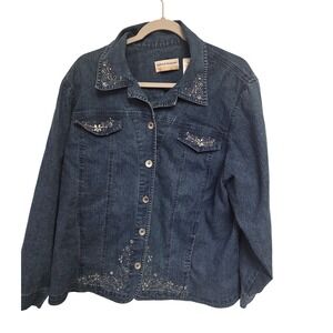 Alfred Dunner Womens‎ Denim Jacket Embellished Floral Blue Wash Plus Size 16W